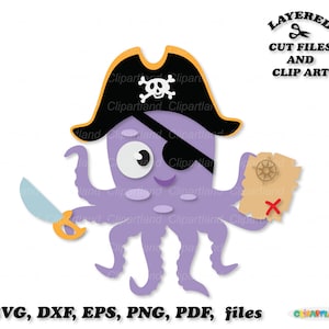 Descarga instantánea. Lindo pulpo pirata capitán svg archivo de corte. Uso personal y comercial. O_1.