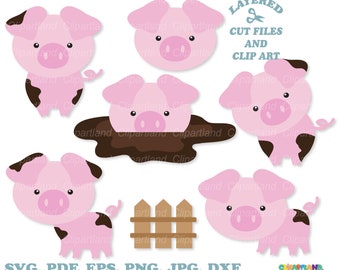 Puede incluir: Un conjunto de archivos de corte superpuestos y clipart con cerdos rosas con manchas marrones. Los cerdos están en varias poses, incluyendo de pie, acostados en el barro y mirando al espectador. El conjunto también incluye una valla de madera marrón.