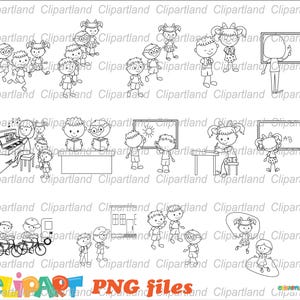 DIRECT downloaden. Schattige stok figuur schoolkinderen illustraties. Clipart voor actie. Persoonlijk en commercieel gebruik inbegrepen! C_1.