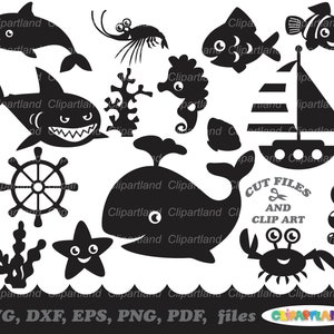 SOFORTIGER Download. Kommerzielle Lizenz ist bis zu 500 Nutzung inklusive! Niedliche Meerestiere Silhouette svg Schnittdatei und Clip Art. Sa_5.