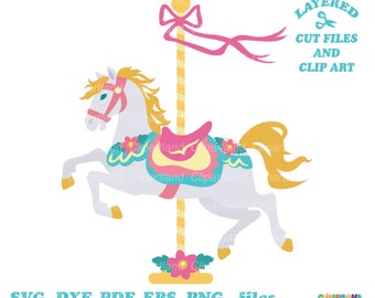 May include: A white carousel horse with a pink saddle and yellow mane and tail. The horse is attached to a yellow and white striped pole with a pink bow at the top. The horse is standing on a yellow base with pink flowers.