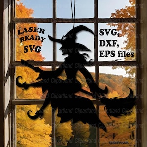 May include: Black silhouette of a witch on a broomstick, hanging in front of a window with autumn leaves visible. Text on the image reads "LASER READY SVG" and "SVG, DXF, EPS files".
