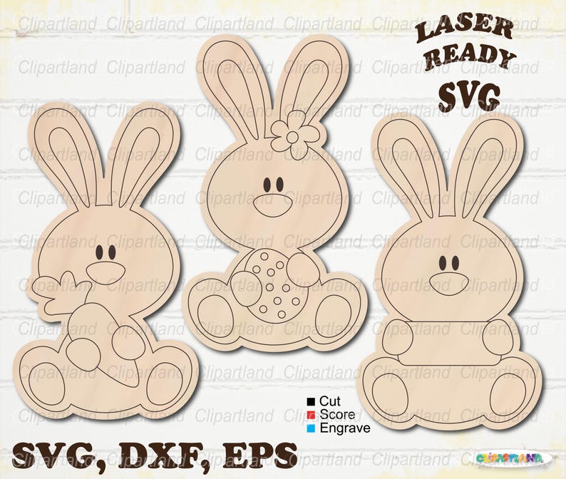 May include: Three wooden bunny cutouts with different designs. One bunny holds a carrot, another holds an egg, and the third is plain. The image includes the text "LASER READY SVG" and file type options: SVG, DXF, EPS.