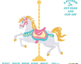 May include: A white carousel horse with a pink and blue saddle, a yellow mane and tail, and a yellow pole with a striped pattern. The horse is in a running pose with its legs raised. The image includes the text "LAYERED CUT FILES AND CLIP ART SVG, DXF, PDF, EPS, PNG, files CLIPARTLAND"