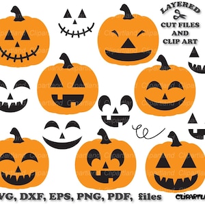 Może przedstawiać: Kolekcja ilustracji pomarańczowych dyń z czarnymi twarzami jack-o'-lantern, zawierająca różne wyrazy twarzy i oddzielne elementy twarzy. Tekst brzmi: LAYERED CUT FILES AND CLIP ART, SVG, DXF, EPS, PNG, PDF, files, CLIPARTLAND.