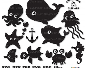 Sea Animals Silhouette SVG Cut Files and Clipart (Digital Download)