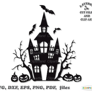 Descarga instantánea. Scary Halloween abandonó archivos de corte de silueta de casa embrujada y imágenes prediseñadas. H_27.