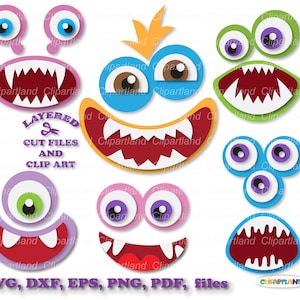 Téléchargement instantané. 6 fichiers de coupe svg de visage souriant de monstre. Utilisation personnelle et commerciale. Mf_11.