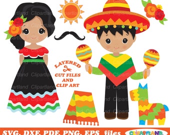 Puede incluir: Un conjunto de clipart digital que presenta a una niña y un niño vestidos con ropa tradicional mexicana. La niña lleva un vestido negro con ribetes rojos, verdes y blancos. El niño lleva un poncho amarillo y verde con un sombrero rojo. El conjunto también incluye un sol, un bigote, una maraca, una piñata y una manta colorida.