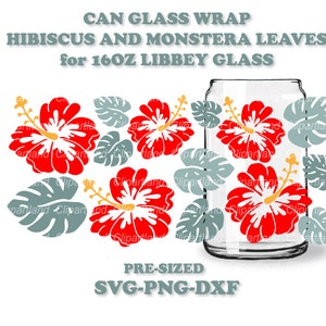 Könnte beinhalten: Ein digitaler Download einer vorformatierten SVG-, PNG- und DXF-Datei für eine 473 ml Libbey-Glasverpackung mit roten Hibiskusblüten und grauen Monstera-Blättern. CAN GLASS WRAP HIBISCUS AND MONSTERA LEAVES for 16OZ LIBBEY GLASS.