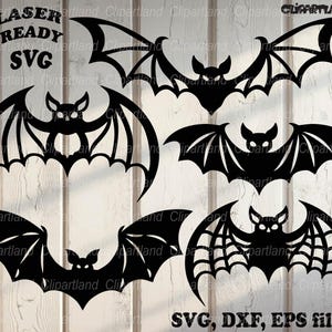 Puede incluir: Siluetas negras de murciélagos en varias poses, ideales para Halloween. La imagen incluye el texto "LASER READY SVG" y "SVG, DXF, EPS files". Los murciélagos tienen diseños detallados en las alas.