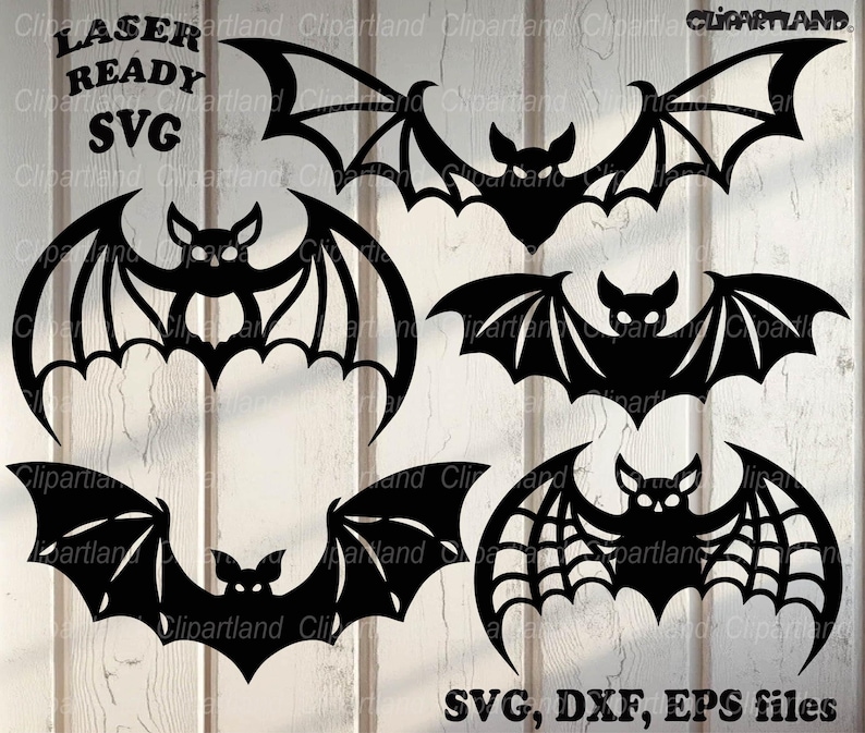 K&ouml;nnte beinhalten: Schwarze Fledermaus-Silhouetten in verschiedenen Posen, ideal f&uuml;r Halloween-Projekte. Das Bild enth&auml;lt den Text "LASER READY SVG" und "SVG, DXF, EPS files". Die Flederm&auml;use haben detaillierte Fl&uuml;gelmuster.