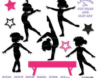 May include: Silhouettes of four gymnasts in various poses, including a handstand, a backbend, and a standing pose. The gymnasts are all wearing leotards and are positioned around a pink balance beam. The image includes the text "LAYERED", "CUT FILES", "AND", "CLIP ART", and "SVG, DXF, PDF, PNG, EPS files".