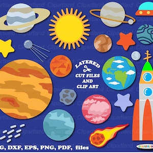 May include: A set of layered space-themed clip art featuring a rocket, planets, stars, a sun, a comet, and a UFO. The clip art is available in SVG, DXF, EPS, PNG, and PDF formats.