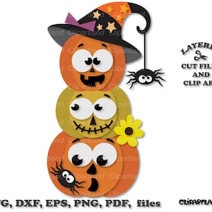 Puede incluir: Un diseño temático de Halloween con tres calabazas apiladas con caras de dibujos animados, un sombrero de bruja y una araña colgante. El diseño incluye el texto "LAYERED CUT FILES AND CLIP ART" y "SVG, DXF, EPS, PNG, PDF, files".