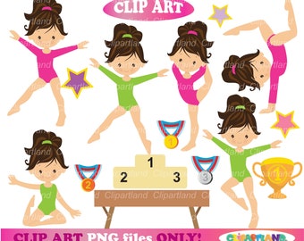 May include: Clip art set of five girls in gymnastics poses. The girls are wearing leotards in pink, green, and blue. The set includes a gold trophy, three medals, a star, and a balance beam with numbers 1, 2, and 3.