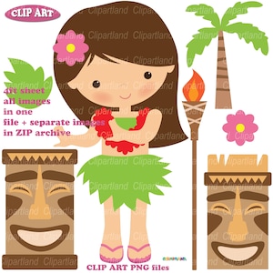 DIRECT downloaden. Hawaï-png. Schattige hula-danseres meisje illustraties.  Persoonlijk en commercieel gebruik. H_3.