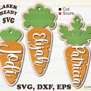 May include: Three laser-cut carrot-shaped tags with names in white script: Jodi, Elijah, and Patricia. Each carrot has an orange body, green top, and a light brown border. The text "LASER READY SVG" and "SVG, DXF, EPS" are also present.