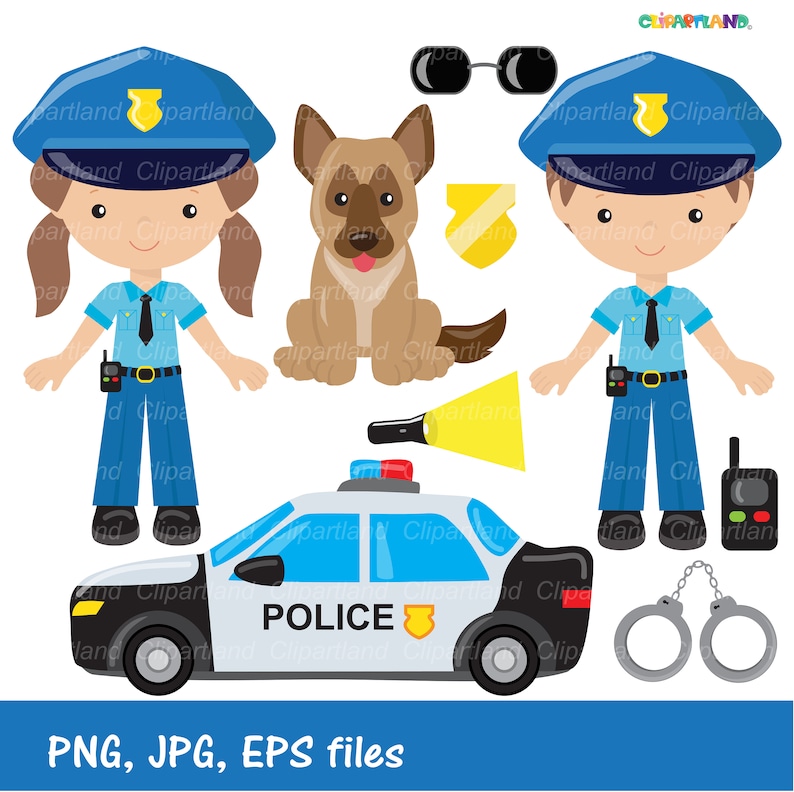 May include: A set of police-themed clip art illustrations, including a police car, two police officers, a police dog, handcuffs, a flashlight, and a walkie-talkie. The illustrations are in a cartoon style and feature bright colors.