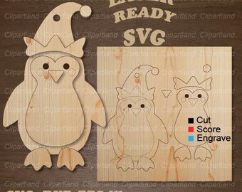 May include: A laser cut penguin ornament design with a Santa hat. The design is ready to be cut, scored, and engraved. The design includes instructions for cutting, scoring, and engraving.