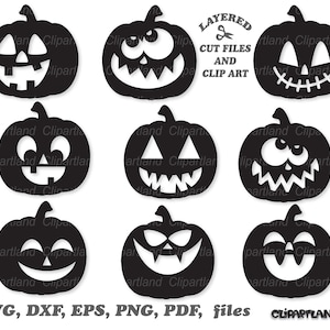 Könnte beinhalten: Schwarze Silhouette-Bilder von geschnitzten Kürbissen mit verschiedenen Gesichtsausdrücken. Das Bild enthält den Text "LAYERED CUT FILES AND CLIP ART" und Informationen zu Dateitypen: SVG, DXF, EPS, PNG, PDF, files.