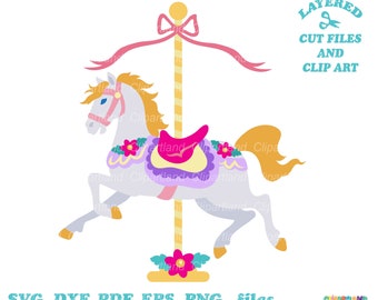 May include: A white carousel horse with a pink saddle and floral accents. The horse is attached to a yellow pole with a pink bow. The image includes the text "LAYERED CUT FILES AND CLIP ART SVG, DXF, PDF, EPS, PNG, files CLIPARTLAND"