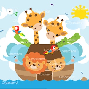 以下が含まれることがあります： キリン、ゾウ、ライオン、オウムなど、さまざまな動物が乗ったノアの箱舟の漫画イラスト。箱舟は青い水に浮かんでおり、背景には白い雲と黄色い太陽があります。