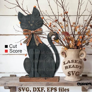 Download INSTANTÂNEO. Gato preto de Halloween sentado na prateleira para corte a laser. Glowforge, arquivo cnc laser svg. S_1.
