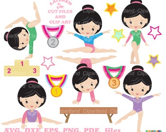 Op de afbeelding: Gelaagde digitale clipart van een turnster in verschillende poses, waaronder een handstand, een splits en een radslag. De clipart bevat ook medailles, sterren en een evenwichtsbalk. De tekst "Layered Cut Files and Clip Art" staat bovenaan de afbeelding.