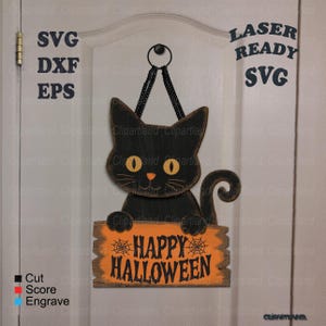 May include: A black cat wall hanging with large yellow eyes and a small orange nose, holding an orange rectangular sign that reads HAPPY HALLOWEEN with spider web graphics. The cat is suspended by a black metal chain from a circular hook.