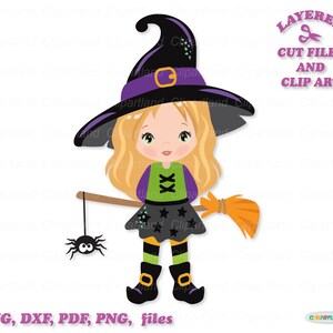 Peut inclure: Illustration de dessin animé d'une jeune sorcière aux cheveux blonds portant un chapeau de sorcière noir avec un bandeau violet, une robe verte et noire à étoiles, des collants rayés vert et orange et des chaussures noires. Elle tient un balai et une araignée est suspendue à une ficelle.
