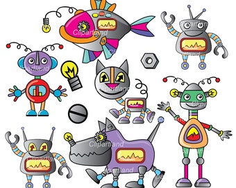 Puede incluir: Un conjunto de robots de dibujos animados coloridos con diferentes diseños. Los robots están en varias poses, incluyendo de pie, caminando y volando. Algunos robots tienen bombillas en la cabeza, mientras que otros tienen engranajes y otras piezas mecánicas. Todos los robots sonríen y tienen expresiones amigables.
