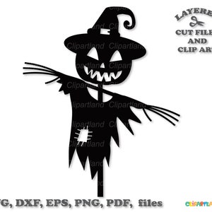 May include: A black silhouette of a scarecrow with a jack-o'-lantern head, wearing a witch's hat. The image includes the text "LAYERED CUT FILES AND CLIP ART" and "SVG, DXF, EPS, PNG, PDF, files".