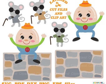 Könnte beinhalten: Ein Satz digitaler Schnittdateien in Schichten mit einem Cartoon-Eiercharakter, der einen Hut und eine Latzhose trägt, auf einer Steinmauer steht und drei Cartoon-Mäuse, die Sonnenbrillen tragen und Stöcke halten. Der Text "LAYERED CUT FILES AND CLIP ART" ist in Orange und Schwarz dargestellt.