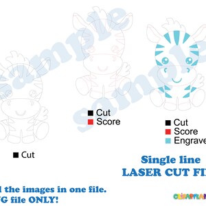 May include: Three single-line zebra illustrations for laser cutting. The first zebra is outlined in black, the second is outlined in black with stripes in red, and the third is outlined in black with stripes in blue. The text "Single line LASER CUT FILE" is at the bottom of the image.