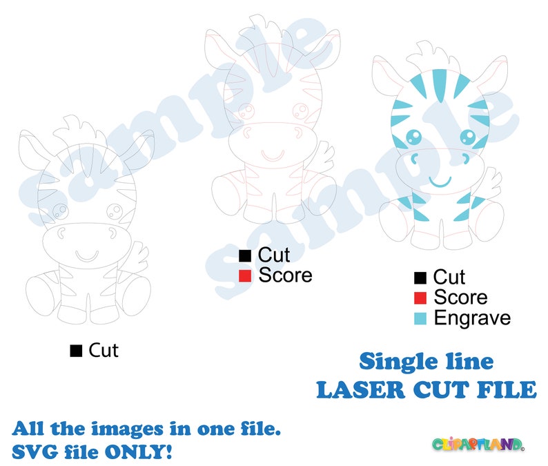 May include: Three single-line zebra illustrations for laser cutting. The first zebra is outlined in black, the second is outlined in black with stripes in red, and the third is outlined in black with stripes in blue. The text "Single line LASER CUT FILE" is at the bottom of the image.