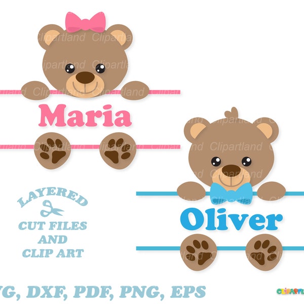 INSTANT Download. Cute little bear boy and girl split monogram svg cut files. Personal and commercial use. B_3.