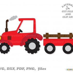 Descarga INMEDIATA. Tractor agrícola rojo y carro, archivo de corte en capas SVG y clip art. Uso personal y comercial. T_1.