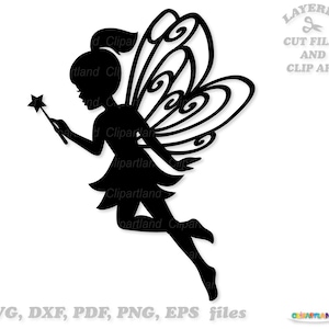 即時ダウンロード。かわいい妖精のシルエットの SVG カット ファイルとクリップ アート。個人および商用利用可能。F_7。