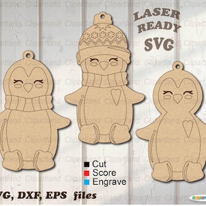 Descarga INMEDIATA. Kit de pintura de pingüinos SVG. Adornos navideños de madera contrachapada para pintar. Archivo de corte SVG para láser. P_1.