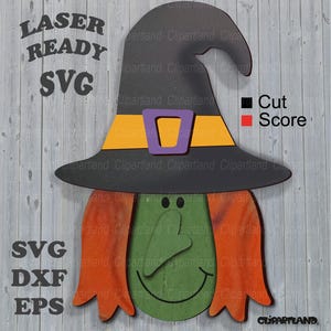 May include: A digital graphic design of a witch face featuring a black pointed hat with a yellow band and purple buckle, orange hair, and a green face with a nose and smile. Text includes LASER READY SVG, Cut, Score, SVG, DXF, and EPS.