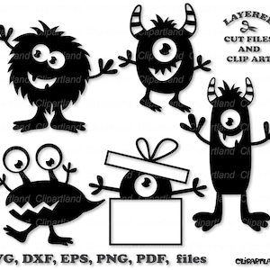 Directe download. Grappige monsters silhouetten SVG gesneden bestand en illustraties. Commerciële licentie is inbegrepen! M_53.