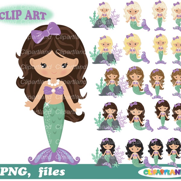 INSTANT Download. Cute mermaids clip art. Different hair colors. Personal and Commercial use included! M_133.