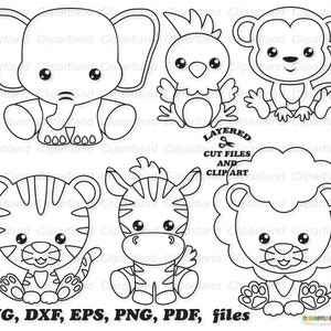 Téléchargement instantané. Une licence commerciale est incluse jusqu'à 500 utilisations ! Fichier de coupe et clipart svg mignon bébé animal de la jungle. Jba_8_bw.