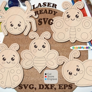 May include: A collection of laser-ready SVG cut files featuring adorable cartoon insects and a spider. The designs include a butterfly, bee, ladybug, and snail, all with smiling faces. The text "LASER READY SVG" and "SVG, DXF, EPS" are visible.