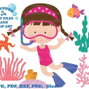 DIRECT downloaden. Snorkelend meisje met vlechten knipbestand en illustraties. Persoonlijk en commercieel gebruik. S_3.