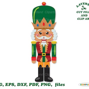 May include: A layered cut file of a nutcracker with a green hat, red and gold uniform, and a white beard. The file is available in SVG, EPS, DXF, PDF, and PNG formats.