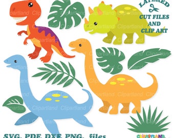 May include: A set of five colorful dinosaur clip art images, including a green triceratops, an orange T-Rex, a blue long-necked dinosaur, and two orange brachiosaurs. The dinosaurs are surrounded by green leaves.