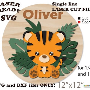 Téléchargement instantané. Animal mignon de la jungle. Petit tigre assis à découper au laser. Fichier svg découpé sur une seule ligne pour laser. T_1.