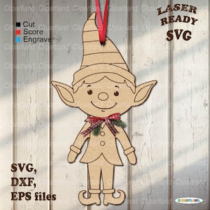 Puede incluir: Adorno de elfo de madera con una cinta roja para colgar. El elfo tiene un sombrero, orejas grandes y una pajarita. El texto "LASER READY SVG" está en la esquina superior derecha. El texto "SVG, DXF, EPS files" está en la esquina inferior izquierda.